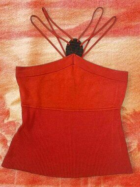 Y2K NY&CO Orange Strappy Halter Neck Tank Top 🍊 tortoiseshell detail 2000s Knit